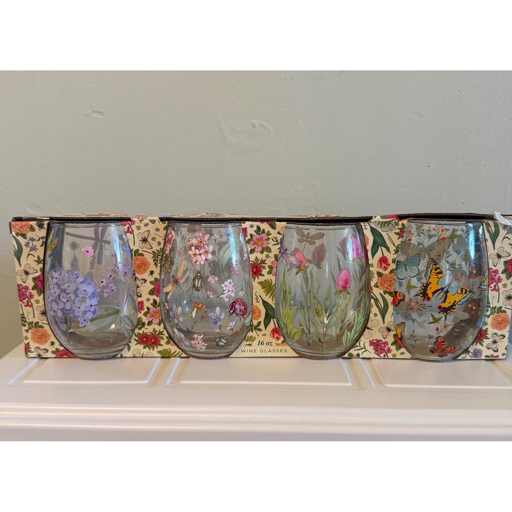 Botanical Gardens Stemless Wine Glass Set 4 16oz Floral Butterfly Dragonfly cott